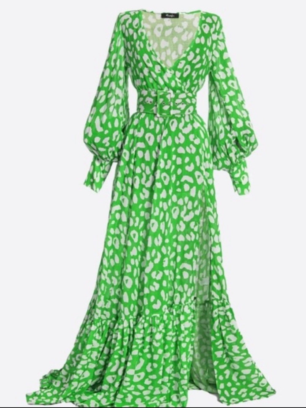 Hanifa Alia Maxi Dress Green White Animal Print Belted M